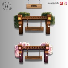 two different views of a wooden bench with flowers on it and the same bench below