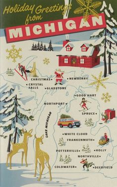 an illustrated map of michigan in the snow with christmas trees and other holiday items on it