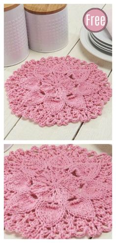 crocheted doily is shown on the floor next to a roll of toilet paper