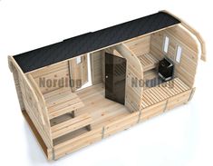 a small wooden house with an open door and stairs on the outside, in front of a white background