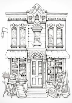 a drawing of a store front with lots of shelves and furniture in front of it