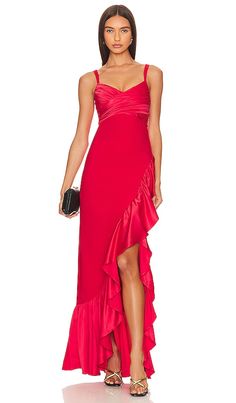 Bright Formal Dress, Strapless Fitted Dress For Red Carpet, Elegant Red Ruched Gown, Red Maxi Dress With Ruched Bodice, Red Carpet Satin Maxi Dress, Fitted Dresses For Red Carpet And Prom Season, Fitted Red Satin Maxi Dress, Fitted Red Dress With Ruched Bodice, Red Gala Dress With Ruched Bodice