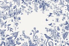 blue flowers and birds on white background