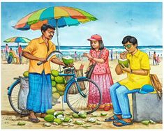 two men and a woman are on the beach with an umbrella over them, while one man is holding a coconut in his hand