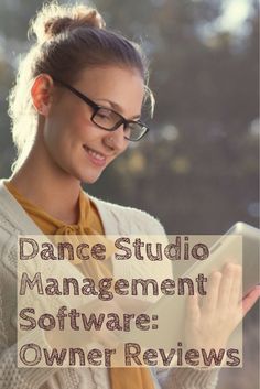 a woman in glasses reading a book with the words dance studio management software