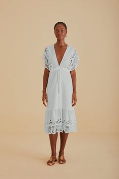 Midi Dresses for Women: With & Without Sleeves – FARM Rio White V-neck Broderie Anglaise Midi Dress, White V-neck Midi Dress With Broderie Anglaise, Elegant Broderie Anglaise Midi Dress For Beach, Elegant Beach Midi Dress With Broderie Anglaise, Elegant Linen Dresses With Broderie Anglaise, Rio Brazil, Linen Midi Dress, Printed Dresses, Guipure Lace