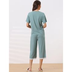 Great for loungewear, nightwear, sleepwear, home bedroom, and daily wear. Featuring: 2 pieces, short sleeve top, elastic waist capri. Comfortable and skin friendly fabric, which makes you feel more comfy and relaxed when wearing this sleepwear. The fabric has good drape and elasticity, making it easy for you to turn over on the bed or couch. Design: Round neck, short sleeve tops cami and trousers, pant leg part uses lace elements. These modal pajama sets is the lace trim that adorns the edges of Casual Blue Sleep Sets, Solid Summer Sleepwear For Home, Casual Solid Color Sleepwear Sets, Casual Solid Color Short Sleeve Sleepwear, Casual Solid Color Sleep Sets, Solid Crew Neck Sets For Loungewear, Casual Green Sleep Sets, Casual Loungewear Sets, Relaxed Fit Solid Color Sleepwear With Crew Neck