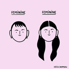 two people with long hair and the words feminine, feminine written on their foreheads