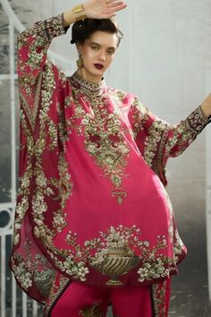 Fuchsia pink shirt kurta with floral print and gazette sleeves. Paired with printed dhoti pant. - Aza Fashions Pink Bollywood Kaftan With Dabka, Pink Traditional Drape Kaftan For Festivals, Designer Pink Kaftan For Diwali, Festive Pink Straight Kurta Blouse, Pink Kaftan For Diwali, Pink Dabka Kaftan For Eid, Pink Dabka Kaftan For Festive Occasions, Festive Pink Dabka Kaftan, Traditional Pink Kaftan With Traditional Drape