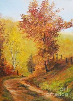 a painting of a dirt road with trees and hills in the background