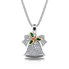 Add a dash of festive exuberance to your holiday style with this fanciful jingle bell necklace. The pendant comes out with this fun idea, consisting with a sterling silver white bell and a holly inlaid some sparkling green and red stones, this masterpiece will bring you luck and happiness. Embrace the holiday spirit with this festive jingle bell necklace and get ready to surprise someone with a fashionable and fun Christmas gift. Wishing all of your Christmas dreams come true!Carat Weight: 1.403 Elegant Christmas Holiday Necklaces, Holiday Sterling Silver Necklace, White Holiday Jewelry For Festive Occasions, Elegant White Holiday Necklaces, Sterling Silver Christmas Party Necklace, Elegant Necklaces For Christmas Festive Occasions, Elegant Christmas Necklace For Festive Occasions, Elegant Necklaces For Christmas Festivities, Holiday White Sterling Silver Necklace