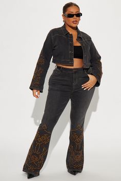 Available In Black Wash. Pair With Lone Ranger Embellished Denim Jacket Flare Jean 5 Pocket Embellished 34" Inseam 11" High Rise Medium Stretch Disclaimer: Due To The Specialized Wash Process, Each Garment Is Unique. 72.5% Cotton 25.6% Polyester 1.9% Spandex Imported | Lone Ranger Embellished Stretch Flare Jeans in Black Wash size 13 by Fashion Nova Rhinestone Flare Jeans, Distressed Washed Black Cotton Flare Jeans, Mid-rise Denim Flare Jeans With Rhinestones, Non-stretch Distressed Denim Flare Jeans, Black Non-stretch Cotton Flare Jeans, Embellished Denim Jacket, Lone Ranger, Embellished Denim, Jeans Jumpsuit