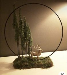 a deer is standing in the middle of a circle with grass and trees around it