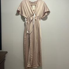 Brand New With Tag Attached, No Rips/Stains, Color: Blush (Light Pink), Size: 6 Spring Loungewear Dress With Tie Waist, Spring Satin Midi Dress With Tie Waist, Elegant Short Sleeve Midi Dress For Loungewear, Spring Satin Maxi Dress With Short Sleeves, Elegant Short Sleeve Maxi Dress, Elegant Dresses With Tie Waist For Loungewear, Size 6 Dress, Kimono Sleeve, Midi Dress With Sleeves