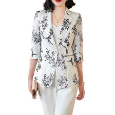 Color/Pattern: White Approximately 23.2in From Shoulder To Hem 100% Polyester Hand Wash Imported Chic Office Blazer With Floral Print, Chic Fitted Printed Blazer, Spring Office Blazer With Floral Print, Chic Printed Spring Blazer, Elegant Tailored Floral Print Outerwear, Elegant Floral Print Office Outerwear, Elegant Floral Print Spring Blazer, Elegant Floral Print Blazer For Spring, Elegant Spring Floral Print Blazer