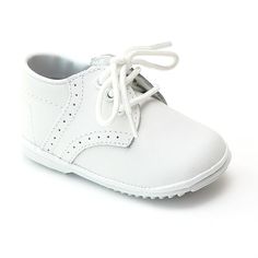 These white leather lace up oxfords will look adorable on your little gent! Leather upper Lace up front Perforated trim on saddle Rubber outsole Note: Sizes 1-3 (Baby); 4-7 (Toddler) *Please note Angel baby shoes tend to run big. We highly recommend you check your child's foot length against the size chart to find the correct size. Size Chart (in-sole length, measured from inside): Size 1 2 3 4 5 6 7 Inches 4.25 4.56 4.86 5.25 5.44 5.81 6.13 White Lace-up Shoes With Brogue Detailing, Spring White Oxfords With Brogue Detailing, White Lace-up Oxford Shoes, Spring White Wingtip Oxfords, Classic White Brogue Oxfords, Classic White Oxfords With Brogue Detailing, White Brogue Lace-up Shoes With Round Toe, White Closed Toe Lace-up Shoes With Rubber Sole, White Round Toe Oxfords For Spring