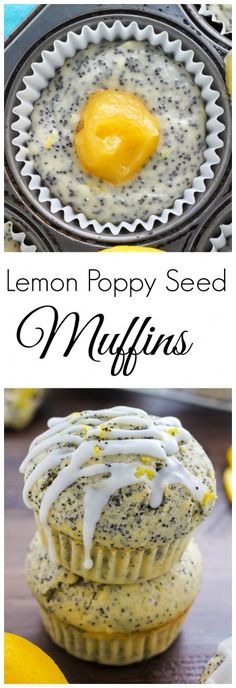 lemon poppy seed muffins with white icing on top