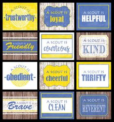 six different types of signs on wood with the words, sayings and phrases written in blue