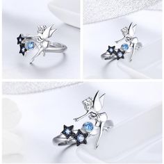 This adorable Fairy Jewelry in solid sterling silver is perfect for the lady who likes a little magic in her world. Is that you? This is the set for you! You may choose the individual pieces as well or save a little and buy the set. The Fairy is so cute and her blue twinkly stars make it look amazing. This will be a beautiful addition to your jewelry collection and one you'll enjoy for many years to come. Sterling silver will keep shining and looking new with proper care. The ring is an open sty Stars Jewelry, Keep Shining, Fairy Ring, Celestial Ring, Fairy Jewelry, Sparkling Stars, Popular Fashion, Star Jewelry, Her World