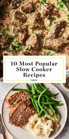 the cover of 10 most popular slow cooker recipes, including meatballs and mashed potatoes