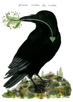 a black bird with a heart in its beak