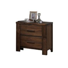 a wooden nightstand with two drawers and a picture frame on it's top shelf