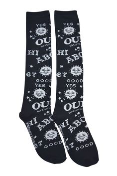 Gothic Girl Black Ouija Board Knee High Socks - Spirit Board black Socks #Skelapparel #KneeHighs Trendy Black Cotton Knee-high Socks, Black Knee-high Socks For Streetwear, Casual Black Knee-high Socks For Streetwear, Black Socks For Winter Streetwear, Black Socks For Streetwear In Winter, Black Cotton Knee-high Socks For Winter, Black Knee-high Socks For Winter Streetwear, Comfortable Black Knee-high Socks For Gifts, Trendy Black Socks With Letter Print