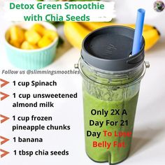 Smoothie Diet Weight Loss💚 on Instagram: “Detox Green Smoothie with Chia Seeds 1 cup Spinach: 7 calories 1 cup unsweetened almond milk: 40 calories 1 cup frozen pineapple chunks:…” Smoothie With Chia Seeds, Detox Green Smoothie, Chia Seed Smoothie, Shakes And Smoothies, Pineapple Chunks, Frozen Pineapple, Unsweetened Almond Milk, Green Smoothie, Smoothie Diet