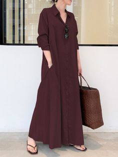 Sku CY-!84457 Material Polyester , >70%Cotton Style Long Sleeves Feature Breathable , Solid Color Neckline Lapel Occasion Casual , Urban Seasons Spring , Summer Type Maxi Dresses Color GREEN,NAVY BLUE,WINE RED Size S,M,L,XL,2XL,3XL,4XL,5XL Please consult the size chart we provide for this item's measurements to help you decide which size to buy.Please note: There may be 1-3cm differ due to manual measurement. Bust Waist Shoulder Sleeve Length S 103 106 46 57 135 M 108 111 48 57 136 L 113 116 50 57 138 XL 118 121 52 58 139 2XL 123 126 54 58 141 3XL 128 131 56 58 142 4XL 133 136 58 59 144 5XL 138 141 60 59 145 Spring Dresses Women, Dress Sleeve Length, Button Down Shirt Dress, Collared Shirt Dress, Maxi Shirts, Long Sleeve Casual Dress, Dress With Sleeves, Long Dress Casual, Maxi Shirt Dress