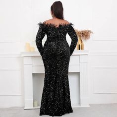 SPECIFICATIONS Fabric Type: Sequin Neckline: Off the Shoulder Material: Polyester Silhouette: Trumpet / Mermaid Occasion: Formal Evening Decoration: Feathers Decoration: Sequined Sleeve Length(cm): Full Dresses Length: Floor-Length Built-in Bra: Yes Item Type: Evening dresses Fashion Element: vintage Black Sequin Dress For Banquet, Black Maxi Dress For Fall Party, Black Winter Evening Dress For Night Out, Black Evening Dress For Winter Night Out, Black Evening Dress For A Winter Night Out, Black Evening Dress For Night Out In Winter, Black Evening Dress For Night Out In Fall, Black Long Sleeve Evening Dress For Holidays, Black Winter Evening Dress For Banquet