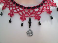 This beautiful red lace choker has black czech glass beads and a pewter silver pentacle. Black ribbon. Ties in back. Adjustable. Witchcraft Magic, Wicca Jewelry, Wiccan Jewelry, Lace Choker, Pagan Jewelry, Crochet Things, Gothic Necklace, Choker Necklaces, Black Ribbon