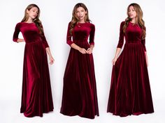 three different views of a woman wearing a long red velvet dress with 3 / 4 sleeves