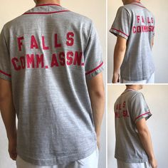 "Vintage Baseball Jersey Russell Southern Company Made in USA 1960s Short sleeved t-shirt in tight knit salt and pepper cotton blend, with satin lettering and trim. Straight cut and bottom. Number 5 as a patch on front and Falls Comm.Assn. as a patch on the back. V collar with front buttoning. Cateye buttons and exposed selvedge gussets. Label of the brand inside. Very rare item. Collector. Material: 56% Cotton 30% Nylon 14% Rayon Conditions: Vintage item in very good condition. Size: M Little l Vintage Fitted Tops With Logo Print, Fitted Vintage Tops With Logo Print, Retro Gray Cotton Tops, Vintage Gray Tops For College, Gray Retro Cotton Top, Vintage Gray Tops With Logo Print, Vintage Style Tri-blend Tops With Letter Print, Vintage Tri-blend Top With Text Print, Vintage Crew Neck Tops With Lettering