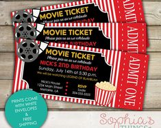 two movie ticket birthday party printables with popcorn and film tickets on the front