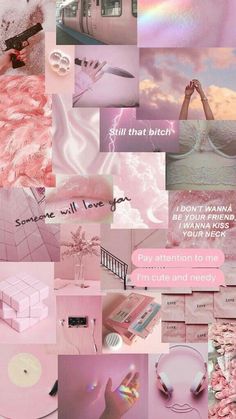 a collage of pink and white images