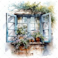 watercolor painting of an open window with potted plants