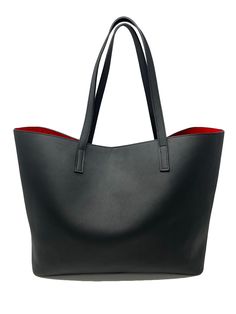 - Made in Montreal - This Tote bag has more space than you think and would be perfect to hold any women's accessories or belongings. Italian leather 1 main opening with snap closure The inside lining can be: - Pink - Red - Blue - Black DIMENSIONS: Bottom Width 14.5 in / 37 cm Depth 7 in / 17.5 cm Height 12.5 in / 32 cm Top Width 21 in / 53.3 cm Drop : 9.5 in / 24.1 cm For custom initials, please write it in the NOTES while purchasing.  Initials available in:  - GOLD - SILVER - DEBOSSED (no color Versatile Bags With Snap Closure For Daily Use, Versatile Bags For Daily Use With Snap Closure, Versatile Leather Bag With Snap Closure, Modern Leather Shoulder Bag With Snap Closure, Black Leather Satchel For Daily Use, Office Shoulder Bag With Snap Closure, Black Soft Leather Bag For Daily Use, Modern Tote Shoulder Bag With Snap Closure, Black Shopping Bag With Removable Pouch