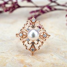 Gorgeous Akoya Pearl Ring With Unique Retro and Exaggerated Design Style Engagement Ring for women anniversary ring Elegant Rose Gold Filigree Ring, Exquisite Pearl Ring With Diamond Accents, Elegant Rose Gold Pearl Ring With Diamond, Elegant Rose Gold Pearl Ring, Elegant Rose Gold Pearl Ring For Anniversary, Elegant White Filigree Wedding Ring, Elegant Gold Pearl Ring With Rose Cut Diamonds, Elegant Pearl Ring With Rose Cut Diamonds For Anniversary, Elegant Filigree Ring With Halo Setting