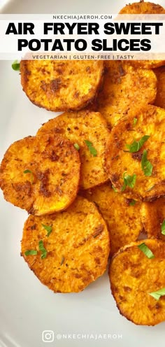 air fryer sweet potato slices on a white plate