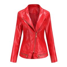 Faux Leather Jackets Zipper Casual Black Red Coats Female Womens Fall Coats, Faux Leather Jacket Women, Dream Fashion, Womens Jackets Casual, Coat Women Fashion, Streetwear Mode, Pu Leather Jacket, Slim Fit Jackets, Leather Motorcycle Jacket