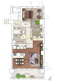 a drawing of a floor plan with furniture and kitchen in the center, including a dining area