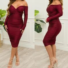 Fashion Ruched Midi Dress Red Wine Color New Size Xxl. Burgundy Ruched Dress For Night Out, Red Ruched Midi-length Bodycon Dress, Red Ruched Midi Bodycon Dress, Red Ruched Mini Dress For Fall, Red Stretch Ruched Midi Dress, Red Knee-length Ruched Midi Dress, Red Ruched Knee-length Midi Dress, Red Ruched Dresses For Fall, Red Ruched Midi Dress For Date Night