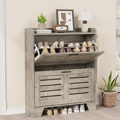 a wooden cabinet with shoes on it in a living room next to a potted plant