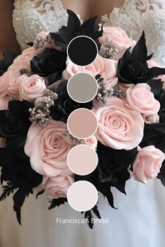 a bridal bouquet with pink roses and black leaves in the center is shown on a bride's wedding dress