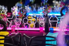 Ali Weitzman Events | Get Your Neon Non Floral Centerpieces, Mitzvah Themes, Mitzvah Decor, Event Menu, Event Branding, Custom Favor, Neon Glow, Welcome Bags, Brand Board