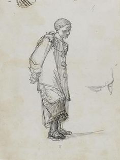 a drawing of a man with a bag on his back standing in front of a bird