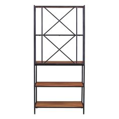 an iron and wood shelf unit with three shelves on one side, two wooden shelves on the other