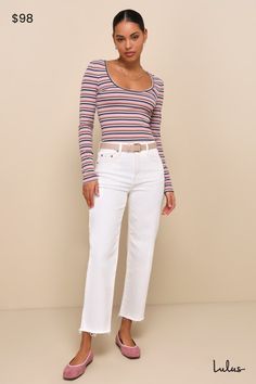 We're loving the weekend vibes we're getting from the DAZE Denim Sundaze Cream Distressed High Rise Dad Jeans! Stretchy woven denim shapes a high-waisted fit and straight pant legs with roughed-up hems. Belt loops, top button, hidden zipper fly, and five-pocket cut. Bonus utility pocket and hammer loop at either side. Logo tag at back. Fit: This garment fits true to size. Length: Ankle length. Size 28 Inseam: 26.50 Front Rise: 11.25 Waist: Fitted - very fitted at natural waist. Hip: Fitted - con White Denim Everyday Top, White Denim Tops For Everyday, Everyday White Denim Top, Casual White Jeans For Day Out, Striped Relaxed Fit Jeans For Spring, Striped Jeans For Spring, Casual Striped Jeans For Fall, White Jeans For Fall Day Out, Casual Striped Straight Leg Jeans