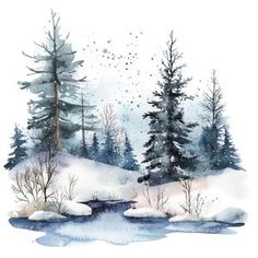 a watercolor painting of snow covered trees and a river in the foreground, on a white background