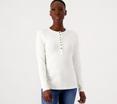 A cold-weather essential, this long-sleeve henley top goes great with jeans and joggers alike. From Girl with Curves. Top Reads, Henley Top, Jersey Knit Fabric, Cold Weather, Knit Jersey, Tunic Tops, Slim Fit, Knitting, Long Sleeve